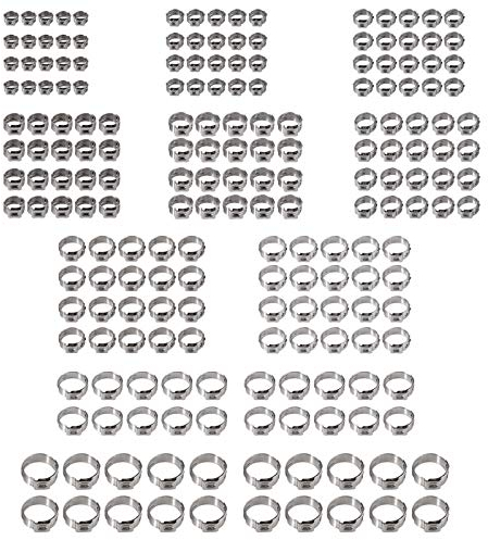 Bohaner Hose Clamps Set - 200Pcs Stainless Steel Single Ear Stepless 7mm-21mm Hose Tube Pipe Clamps Fuel Line Clip
