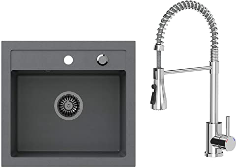 VBChome Spülbecken mit Armatur 50 x 47 cm Grau Spüle Einzelbecken Küche Einbauspüle Verbundspüle Küchenspüle gesprenkelt flächenbündig + Siphon Waschbecken Armature Schwenkauslauf, Federauslauf