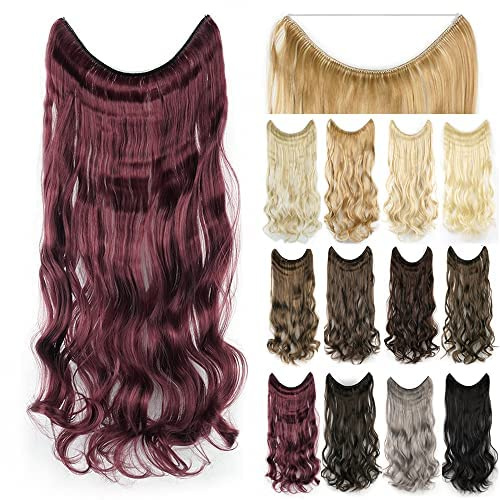 IMISSU Estensioni dei capelli ondulati a corpo lungo con linea di pesce Parrucchino sintetico invisibile in filo metallico Copricapo con estensione per capelli ricci (Borgogna,26 Pollici)
