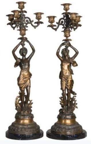 Casa Padrino Luxus Jugendstil Kerzenhalter Set Bronzefarben/Schwarz 23 x 20 x H. 69 cm - Elegante Bronze Kerzenständer mit Marmorsockel - Barock & Jugendstil Deko Accessoires