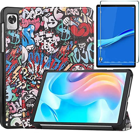 Micnos Compatibile con Realme Pad mini 8,7,Cover Protettiva Ultra Sottile PU di con Funzione di Supporto,Graffiti + 1x pellicola protettiva in vetro temperato