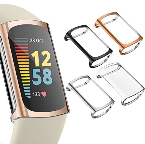 Screen Protector Compatible with Fitbit Charge 6 / 5, Soft TPU All-Around Cover Anti-Scratch Cases Bumper (Black + Silver + Rose Gold + Clear)