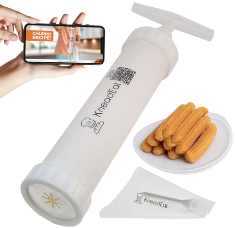 KneadEat Churro Maker Kit mit Booster-betriebenem Griff Churrera und Spritzbeutel Churros Füller Einfacher QR-Rezept zum Zubereiten und Befüllen eigener Churros zu Hause - KneadEat Cookie Press -