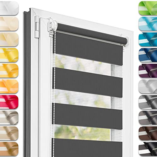 Estika Store Enrouleur Jour Nuit sans perçage - Graphite - 57 x 120 cm - Store à enroulement, Double Tissu, pour fenêtres intérieures, Protection Contre Le Soleil