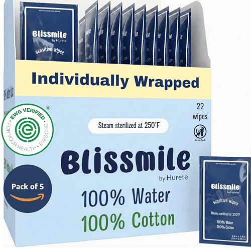 Blissmile 100% Wasser Feuchttücher Reisegröße - Einzeln verpackt, geruchlos & parfümfrei - Sanft für Baby, Frauen & empfindliche Haut - Gesichts-, Hand-, Körper- & Feminininpflege - 110 Stück