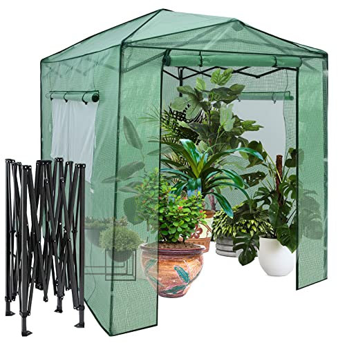 COSTWAY Pop-up Walk in Greenhouse, Height Adjustable Portable Grow House with PE Cover, Windows & Roll-up Doors, Steel Frame Mini Green House for Garden Backyard (Green, 256x174x210-230cm)