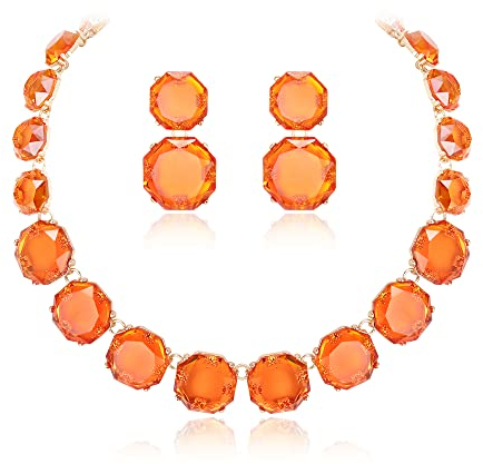 EVER FAITH Strass Statement Halskette Ohrringe Set, Rund Orange Kristall Bohème Art Deco Modeschmuck Set für Damen Mädchen