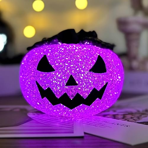 ACAREY Herbstdeko Laterne Kürbis Deko Figuren mit LED Licht Halloween Deko Herbst Deko Kürbis Laterne Dekofigur Licht für Tischdeko, Schlafzimmerdek, Hochzeitsde, Halloween Party (Lila)