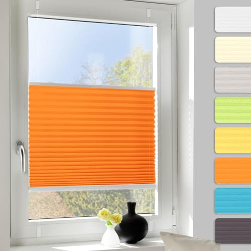 Plissee ohne Bohren Plissees Klemmfix Orange 70x130cm (Breite x Höhe), ZEHN Minuten-Schnelle/Einfache Montage, Klemmfix Klebehalterung, Bequeme Rollo Montage inkl. Video