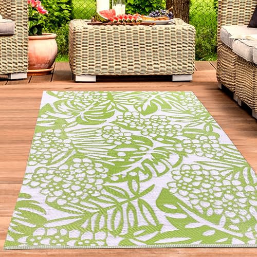 CARPETIA Wetterfester Outdoor Teppich Kunststoff leicht modern abwaschbar Garten Terrasse Balkon Camping Picknick Blätter hellgrün 150 x 220 cm