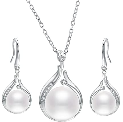 Aleasha Perlenkette Ohrringe Set Damen Silber Weiße Perlen Anhänger Halskette Schmuck Set Braut Hochzeit