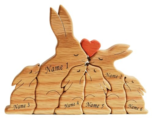Personalisiertes Holzkunstpuzzle der Kaninchenfamilie, 3-6 Namen Benutzerdefinierte Holzschnitzereien Familie Puzzle Geschenk, Desktop Ornament Home Tischdekoration für Familie Andenken Geschenke