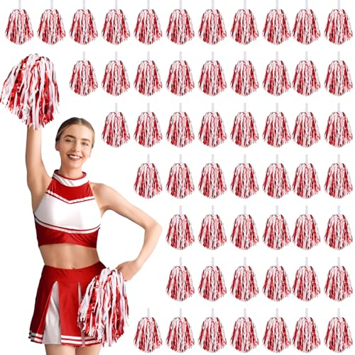 Halloscume 60 Stück Pompons Cheerleading Metallfolie Pom Poms mit Taktstock Griff Kunststoff Cheer Squad Pompons für Spiel Team Spirit Sport Tanzen Basketball Club (Rot, Weiß)