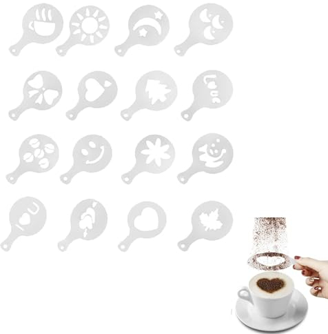 16 Stück Kaffeeschablonen, Latte Art Barista, Cappuccino Schablonen aus Kunststoff, Kaffee-Dekorationsvorlage, Latte Art Tokaneit