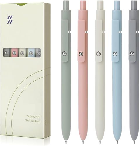 KANGSIT Gel Pens Black, 5Pcs 0.5mm Black Ink Fine Point Smooth Writing Pens with Silicone Grip, High-End Series Retractable Pens for Journaling Note Taking, Cute Office School Supplies - Morandi