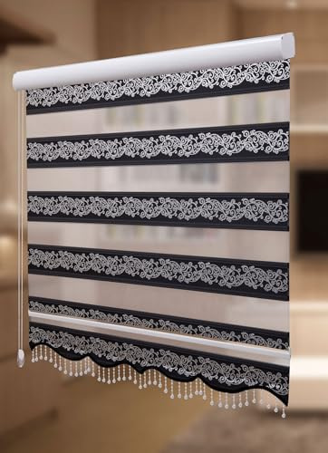 PlisseeOnline Doppelrollo Duorollo mit Alu Kassette und Motiv Rankenmuster und Perlen Blickdicht freihängend Zebra Perde mit Motiv Schwarz Silber Glitzer Breite 140 cm Höhe 250 cm