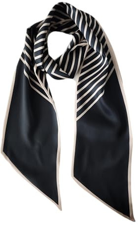 GIMIRO Satin Seidenschal 148 x 13,5 cm Krawatte Double Layer Bund für Blazer, Mantel, Kleid (Black/Latte Stripes)