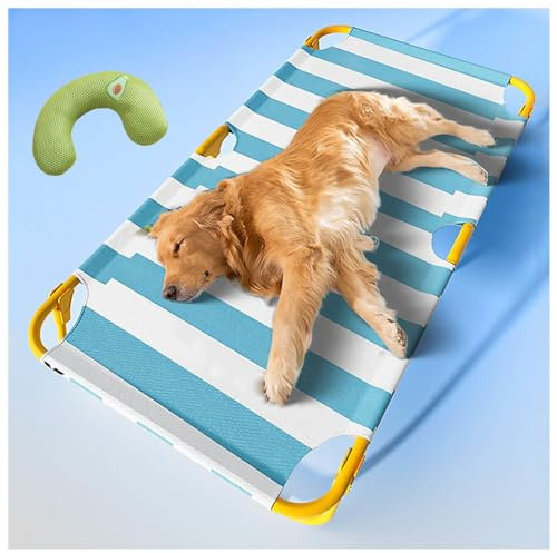 SJWJWOO Hundebetten für große Hunde mit Kissen, kein Zusammenbau erforderlich, kaufest, atmungsaktiv, kühlendes Hunde-Trampolin-Bett für drinnen und draußen, tragbar, blau, L 106 x 61 x 22 cm