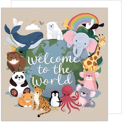 Edition Seidel Premium quadratische Glückwunschkarte zur Geburt mit Umschlag. Karte Grußkarte Babykarte Billet Hello Baby Kind Junge Mädchen Tiere Welt (EQ116 SW024)