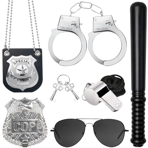 DOWNDRIFT Polizei Kostüm Zubehör,Polizei Zubehör Set,Handschellen Kinder Polizei,7 Stück Polizei Kostüm Accessoires,Kinder Polizei AusrüStung,Polizei Handschellen Polizeikostüm Damen Zubehör