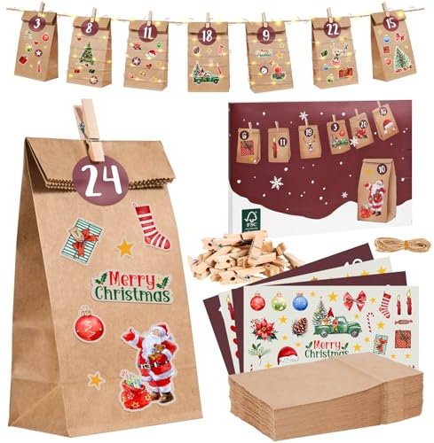 Adventskalender zum Befüllen, Adventskalender 2025 Tüten, Weihnachtskalender zum befüllen, 24 Papiertüten mit Aufkleber Holzklammern, Selber Basteln Geschenktüten