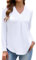 Aottori White Long Sleeve Tops Women Casual Loose V Neck T-Shirts Ladies Cotton Pleated Base Layer Underwear Plain Basic Pullover White L
