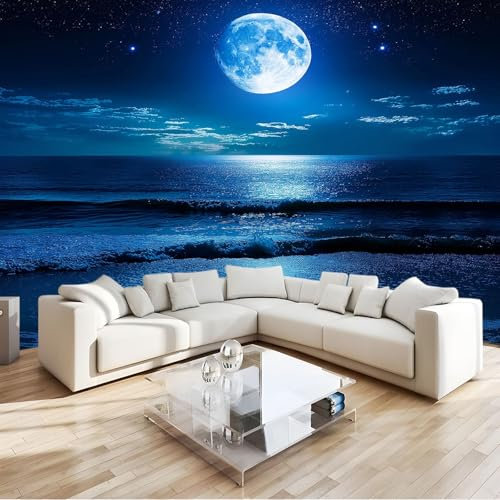Wall Mural Night Sky Moon Sea Natural Scenery Blue 300x210 cm Photo Wallpaper Non-Woven 3D Wallpaper Roll Mural Wallcoverings for Bedroom Living Room TV Backdrop