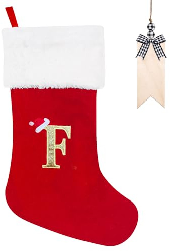 Weihnachtsstrumpf Personalisiert 50cm Großer Nikolausstrumpf mit Buchstaben Plüsch Stockings Hängender Weihnachtsmann mit Namensschild Ornamente Weihnachtsdekorationen für Weihnachtsbaum und Heim (F)