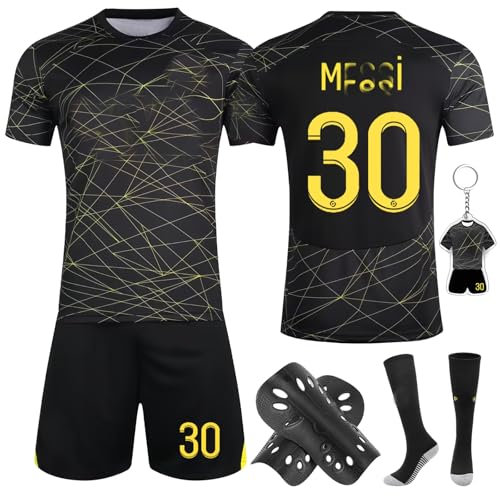 Nr.30 Fußball Trikot Sets für Kinder, Trikots Shorts Socken Set mit Schienbeinschoner und Schlüsselanhänger,22/24/26/28 Fußball Trikot Sets Kinder Fussball Jersey Trainingsanzug für Junge Herren