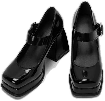 ENWIND Women's High Heels Square Toe Mary Jane Pumps Chunky Heel Platform Office Lady Party Events Dress Shoes,Black,9 UK