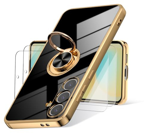 YIRSUR for Samsung Galaxy S24 FE Case with Stand, [2* Screen Protectors] [360°Rotating Metal Ring Holder] Plating Rose Gold Edge Kickstand Cover Slim Soft Flexible TPU Protective Cover (Black)
