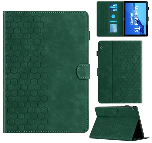 Rosbtib Hülle für Huawei MediaPad T5 10.1 Zoll 2018 Modell AGS2-W09/W19/L09 Gehäuse mit Ständer mit Kartenschlitz, Sechseckiges strukturiertes Muster Kunstlederhülle Für Huawei MediaPad T5, Grün