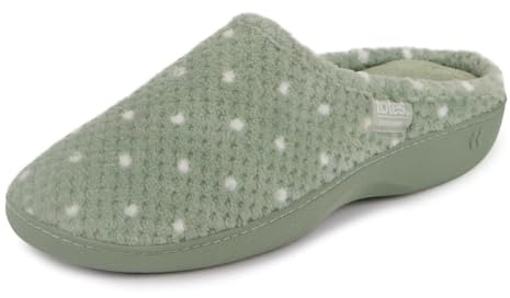 Isotoner® Ladies Popcorn Terry Mule Slippers, Pillowstep® Memory Foam with 360° Surround Comfort, Secret Sole Support, Durable Sole, Machine Washable, Sage Green (Green), 8 UK
