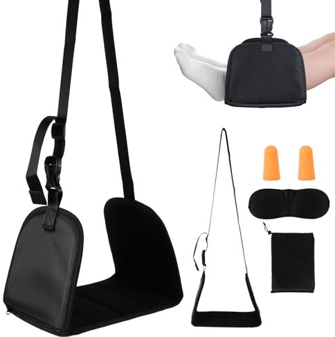 ZONJIE Repose-pieds d'avion - Hamac de bureau - Crochet de bureau - Avec mousse à mémoire de forme - Repose-pieds réglable avec masque pour les yeux - Bouchons d'oreilles pour avion - Gadgets longs