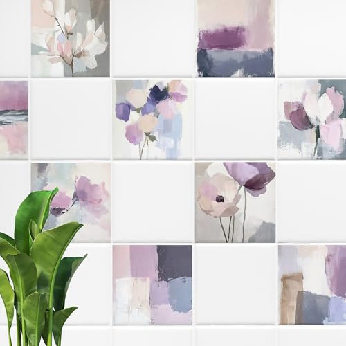 GRAZDesign Set di 10 adesivi per piastrelle, motivo floreale, in viola pastello, per cucina e bagno, 20 x 20 cm, 40 pezzi