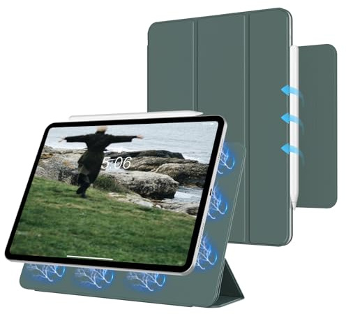 KTGGHG Magnétique Coque pour iPad Air 11 Pouces M4/M3/M2-2026/2025/2024 | Pour iPad Air 5ème/4ème Génération 10,9 avec Porte-Stylet,Étui Housse Amovible à Trois Volets, Veille/Réveil Auto,Vert foncé