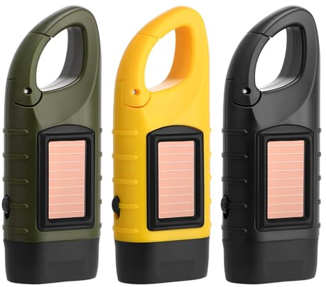 saerryor 3 Pack Wind Up Led Torch Super Bright 10m Emergency Flashlight | Solar Powered&Hand Crank, Portable Torch with Carabiner, Emergency Gear for Camping, Hiking and Outdoor Survival
