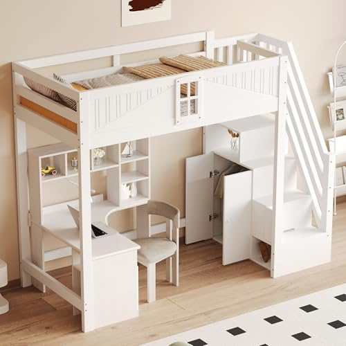 YuQozii Cama alta de madera maciza 90 x 200 cm, puerta de seguridad única con ventana, estante lateral escalera de seguridad reemplazable izquierda y derecha, cama multifuncional, color blanco
