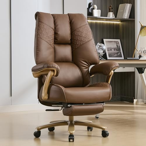 EXCEBET XXL Bürostuhl bis 200kg belastbar, Ergonomischer Chefsessel mit Federkern & Formschaum, Extra breiter Schreibtischstuhl mit Fußstütze, Drehstuhl für langes Sitzen (Braun)