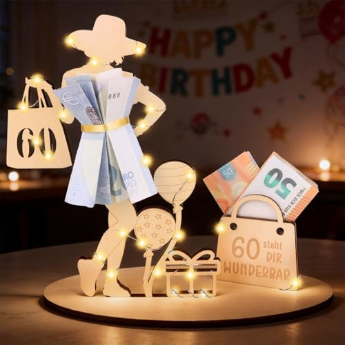 Anruzon Geldgeschenke Geburtstag 60 Geburtstag Frau, mit LED Lichterkette Ständer, Holz-Schild Gästebuch, 60.Geburtstag Frau Deko, Personalisierbares Geschenk, Hochzeit Tischdeko Jubiläum