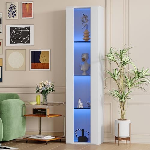 BTM Glasvitrine Weiß Acrylplatte LED Vitrine Schmal Standvitrine Wohnzimmer