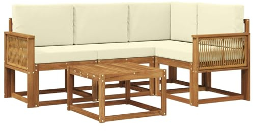 vidaXL Outdoor-Sofagarnitur mit Kissen 5 pcs Natur und Creme Polyester, Gartenmöbel, modernes Loungesofa, Eckset für die Terrasse, Robustes Sitzmöbel für drinnen und draußen