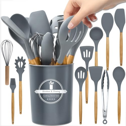 KRUMAD Silikon Küchenutensilien, Küchenhelfer, Kochbesteck, Küchenwerkzeug | Set 11-teilig, mit Holzgriffen, im Behälter, Ergonomische Griffe, 584 g, Grau, Modernes Design, Oberflächenschonend
