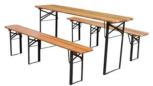 vutizal Vikbart öltält-set 177 cm – 3-delat fällbordsset med 2 ölbänkar av massiv tall, väderbeständigt, ölbord för trädgård, camping och festtält, träfärg