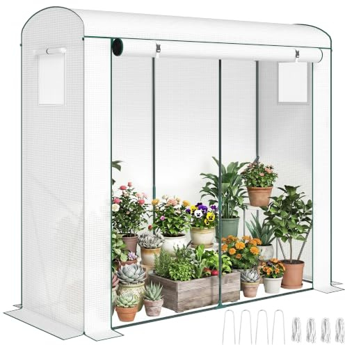 Outsunny Gewächshaus, Foliengewächshaus, 200 x 75 x 188 cm, Weiß | Netzfenster, Aufrollbare Tür, Stahlrahmen, Tomatenhaus Tomatengewächshaus, für Gemüse, Tomaten, Blumen, Pflanzen