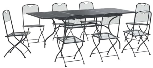 Owoxanthellate 9-TLG Garten Essgruppe Anthrazit Ausziehtisch Set | Modernes Outdoor-Set für die Terrasse mit ausziehbarem Stahltisch und acht klappbaren Mesh-Stühlen.