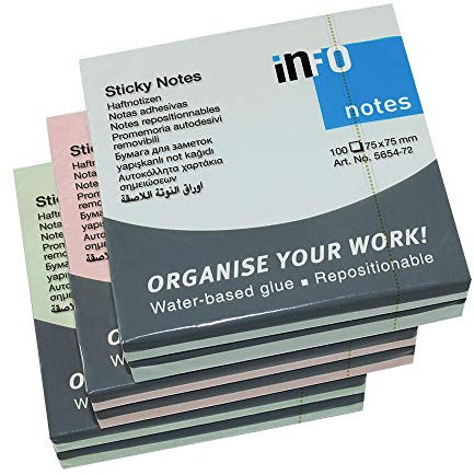 Haftnotizen, Pastellmix, 75 x 75mm, 100 Blatt pro Block, 6 Blöcke pro Pack