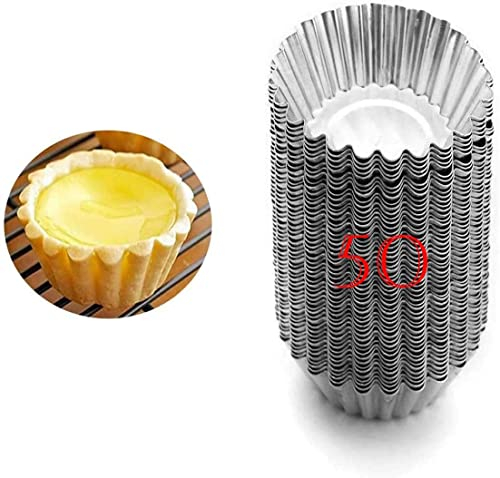 50 Piezas Molde de Tartaleta de Huevo Aluminio, Moldes Mini Tartaletas No Adhesivo y Reutilizable, Molde para Magdalenas,Moldes para Hornear,Molde del Pudin para Galletas