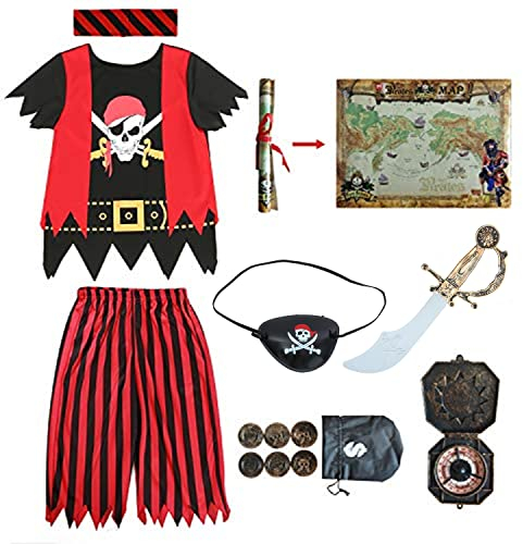 Sincere Party Aufrichtige Partei Piratenkostüm für Kinder, Piraten-Rollenspiel-Kits 8er Komplettset Größe 8-10 Jahre