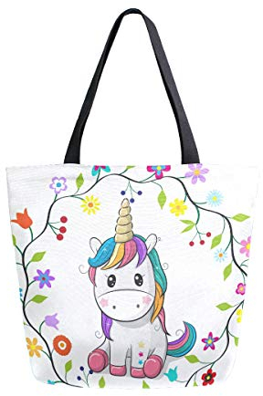 Mnsruu Canvas Handtasche Schultertasche, Frauen Griff Einkaufen Crossbody Tasche, Einhorn in einem Blumen Rahmen Tote Casual Strand Multifunktionstasche für Damen Frauen